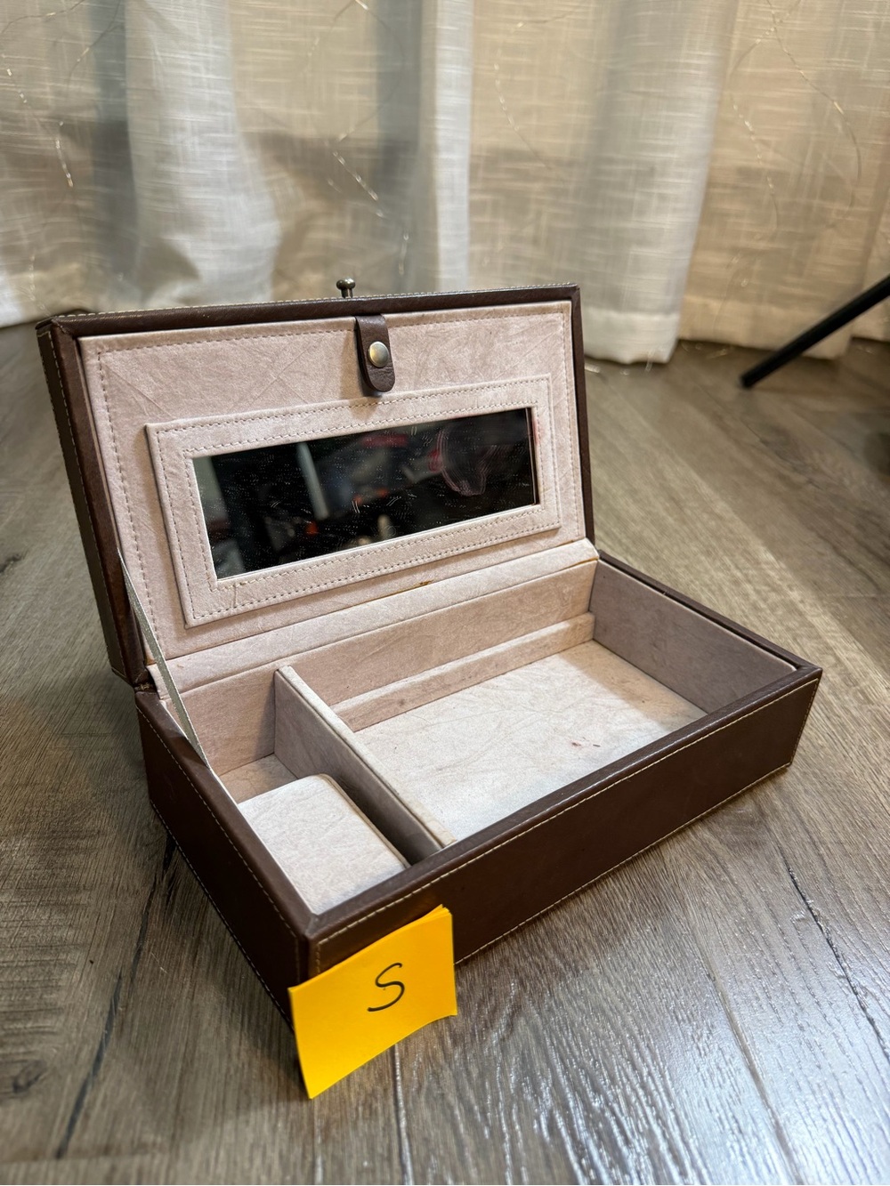 Brown Leather Jewelry Organizer Box with Beige Suede Interior